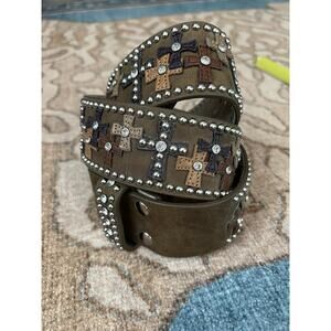 NOCONA WESTERN Women's Leather Cross Applique Studded Rhinestone Belt Only 39"